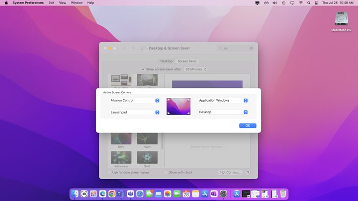 The settings page for Hot Corners on MacOS.