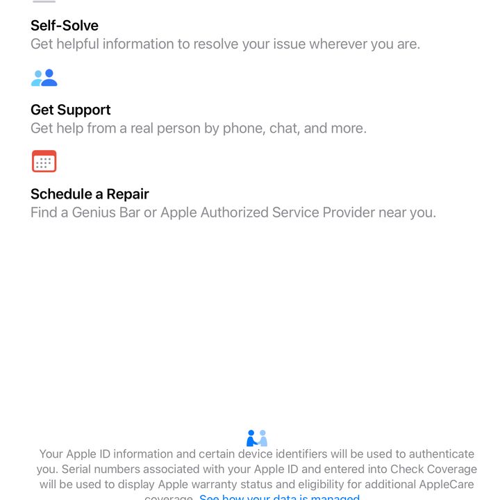 The Apple Support app welcome screen for first time users explains what the app does.