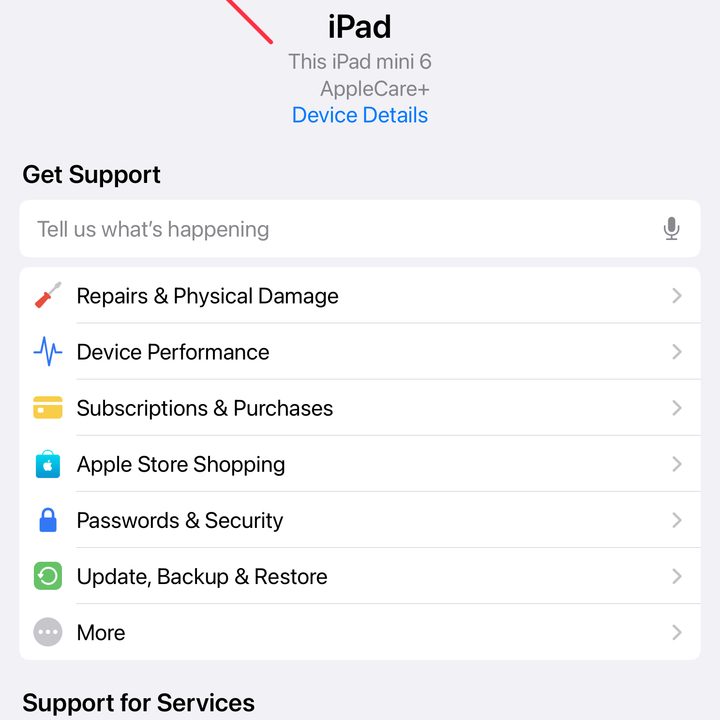 The Apple Support app with "products" circled in red in the upper left corner.