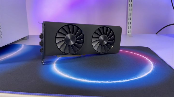Intel Arc A750M Limited Edition graphics card sits on a desk.