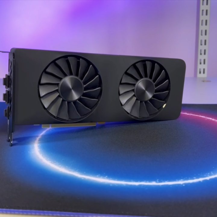Intel Arc A750M Limited Edition graphics card sits on a desk.