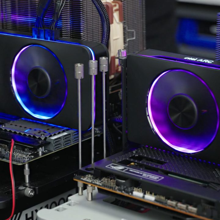 Two Intel Arc GPUs running side by side.