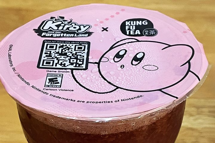 A closeup view of the top of Kung Fu Tea's Kirby boba tea.