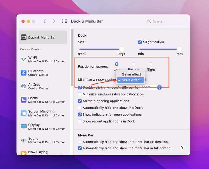 Changing the minimize effect on MacOS Dock settings.