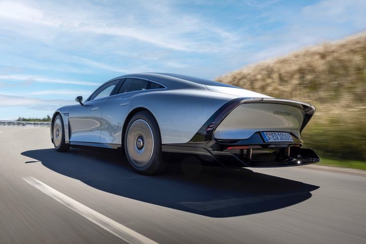Rear three quarter view of the Mercedes-Benz Vision EQXX.
