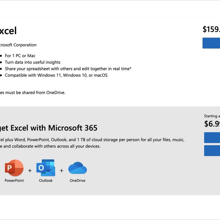 Excel cost and Microsoft 365 plans.