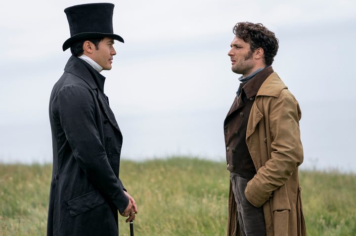 Mr. Elliot and Captain Frederick Wentworth face each other in Netflix's Persuasion.