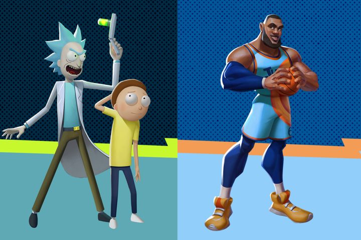 Rick and Morty and LeBron posing in MultiVersus key art.