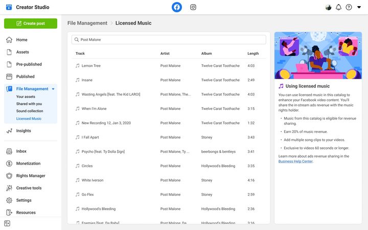 Facebook Creator Studio screenshot showing Licensed Music library in Music Revenue Sharing program.