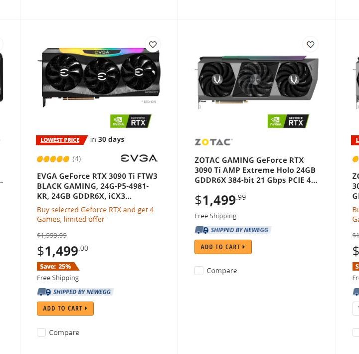 Pricing of the RTX 3090 Ti GPU on Newegg.