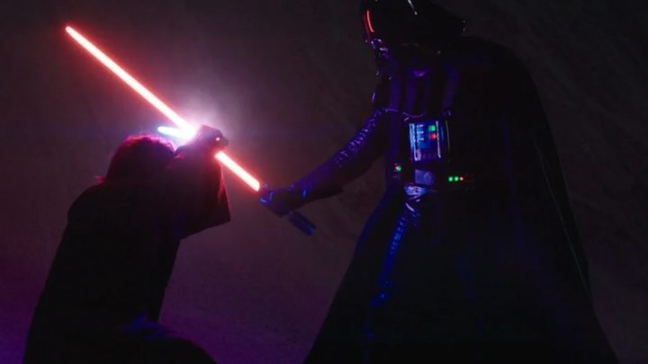Obi-Wan and Darth Vader clashing lightsabers in the Disney+ series.