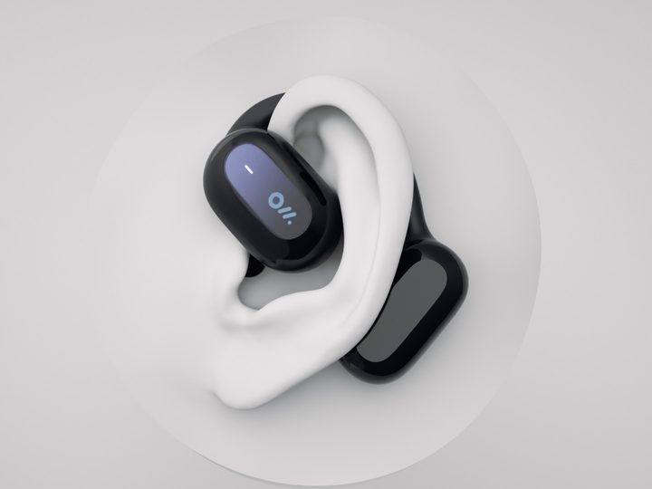 Oladance OWS open ear headphones shown up close and worn.