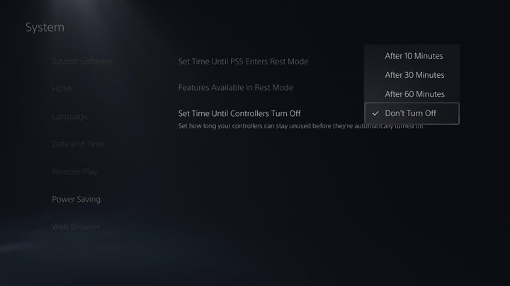 The PS5's power saving settings menu.