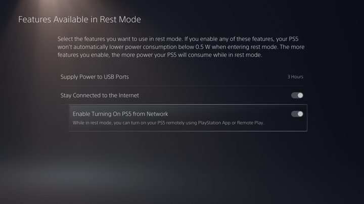 The PS5's rest mode settings page.