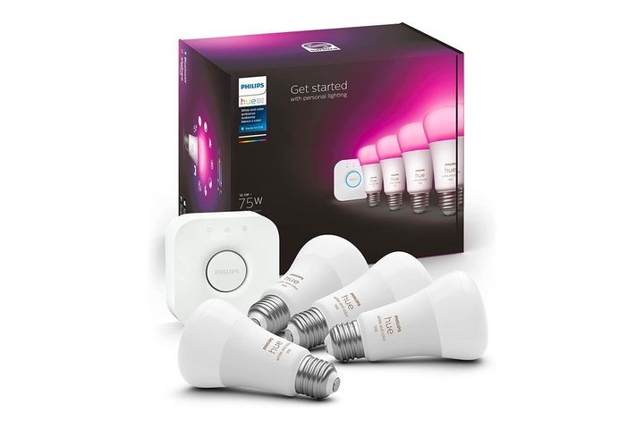 Front angle of the Philips Hue smart light starter kit.
