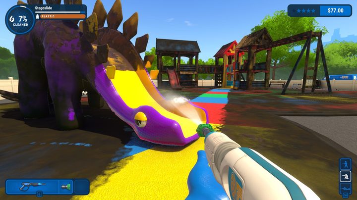 Player washing a slide in PowerWash Simulator.