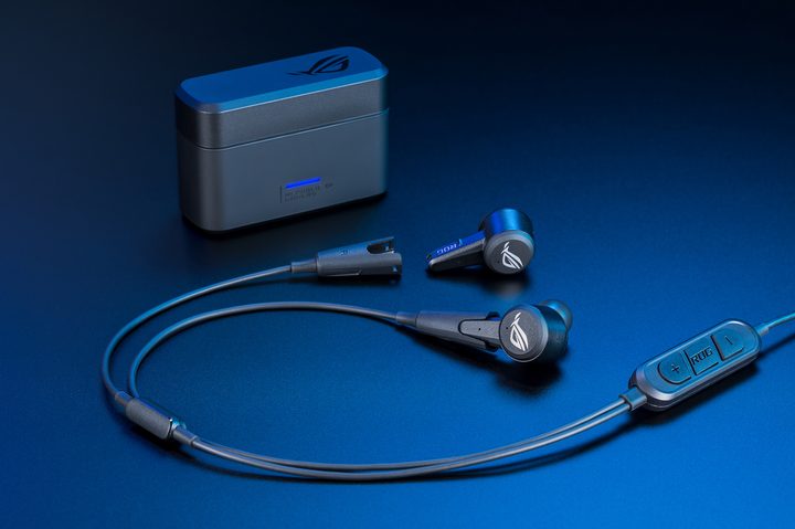 Asus ROG Cetra earbuds with case and optional cable.