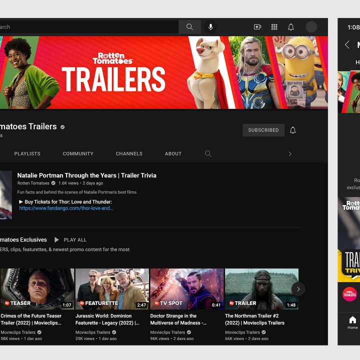 Screenshot of Rotten Tomatoes Trailers homepage.