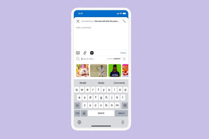 Mobile product screenshot showing how to add a Giphy GIF to a Reddit comment.