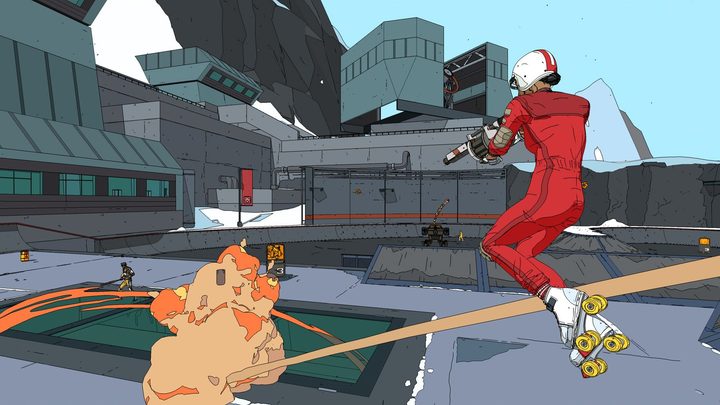 Hasan shoots her grenade launcher at an enemy in the middle of a jump.