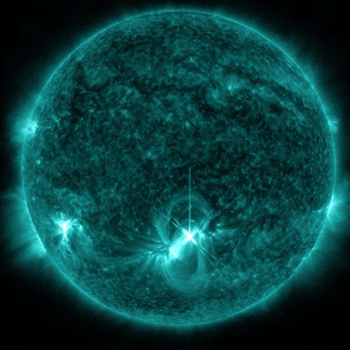 NASA’s Solar Dynamics Observatory captured this image of a solar flare – as seen in the bright flash towards the middle of the Sun – on Tuesday, May 10, 2022. The image shows a subset of extreme ultraviolet light that highlights the extremely hot material in flares and which is colorized in teal.