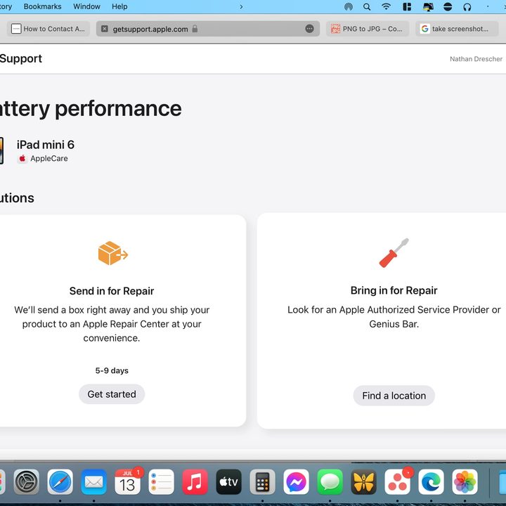 Apple support website with choices to send in device or schedule an appointment.