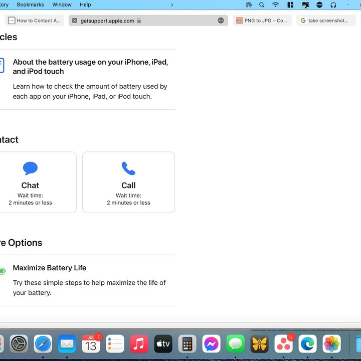 Apple support website with choices to message support or call them.