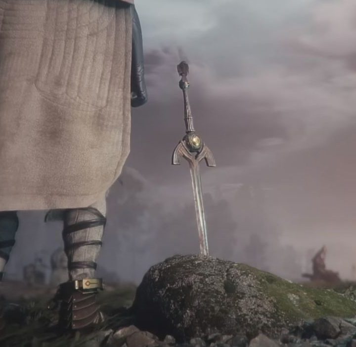 Soulframe character standing by a sword stuck in the ground.