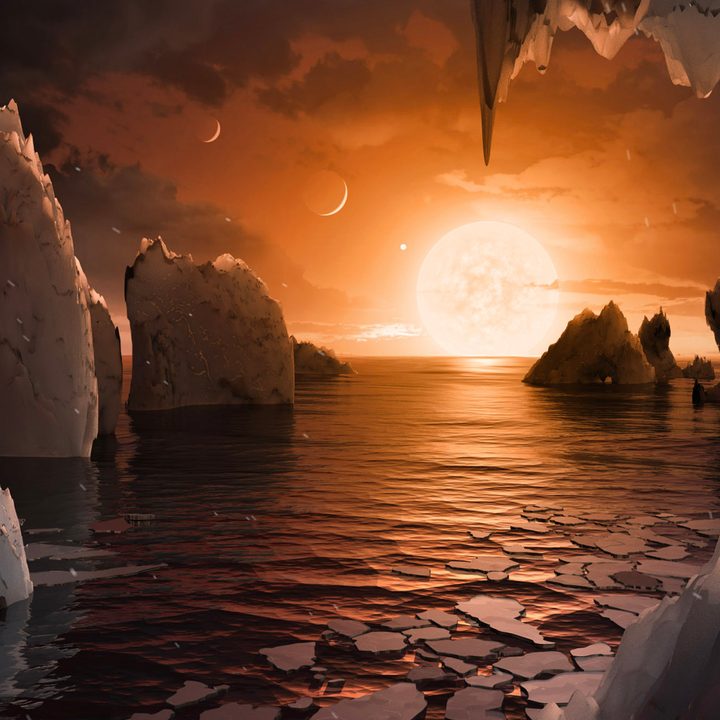Artist's concept of the surface of the exoplanet TRAPPIST-1f, located in the TRAPPIST-1 system.