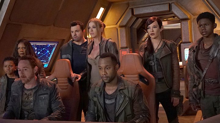 The crew of the USS Orville in a shuttle craft.