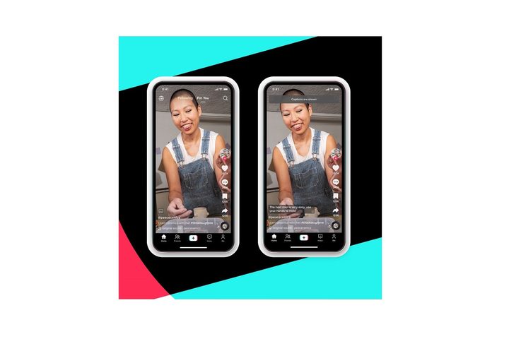 Two smartphones showing a TikTok video before and after captions are added.