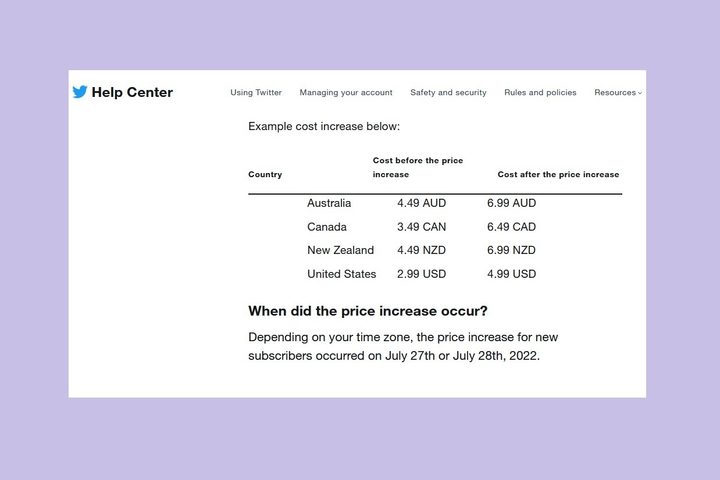Twitter Help Center guide showing table of price changes for Twitter Blue in different countries.