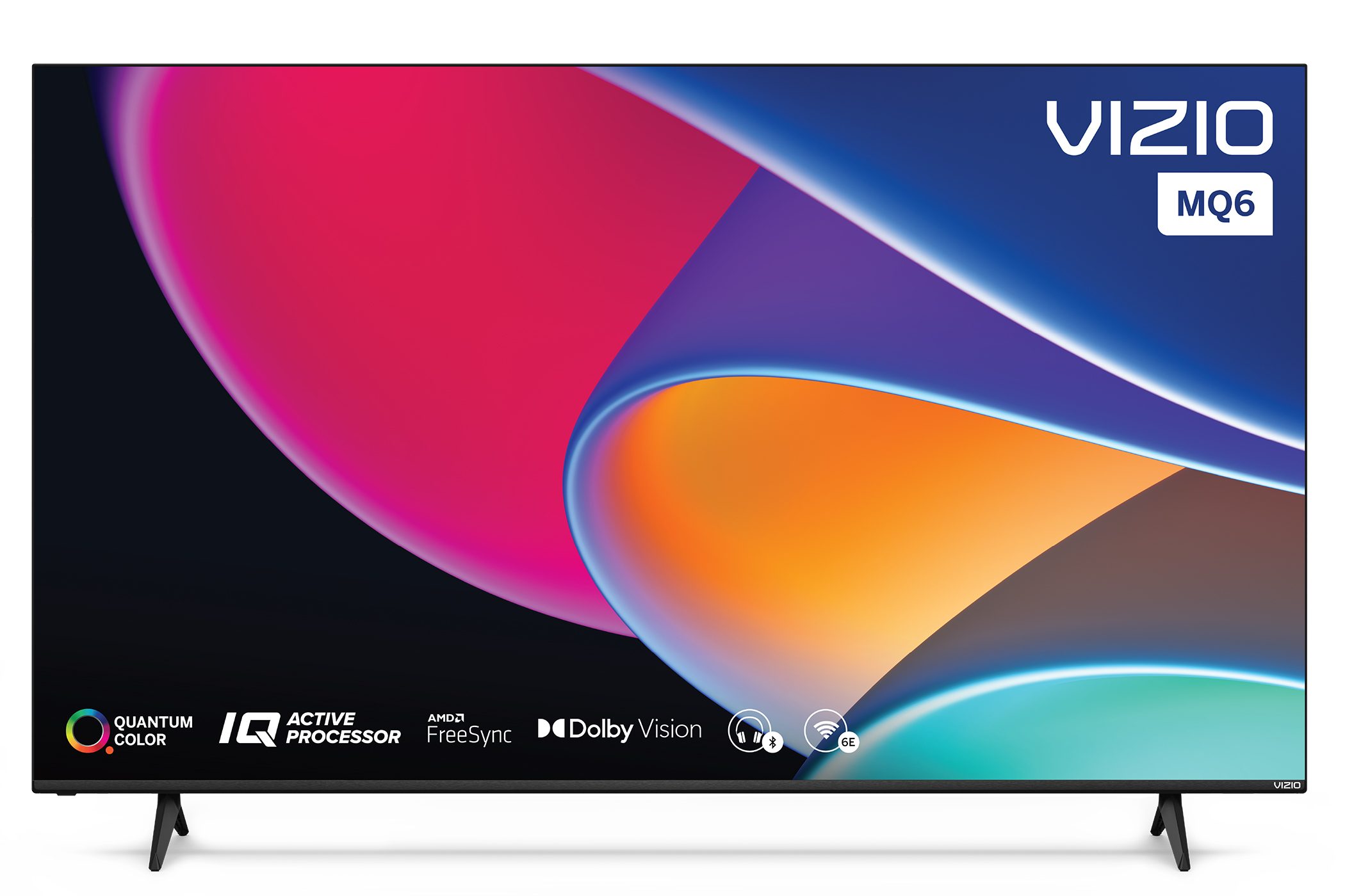 The Vizio MQ6 TV is sitting on a white background displaying a marketing screen.