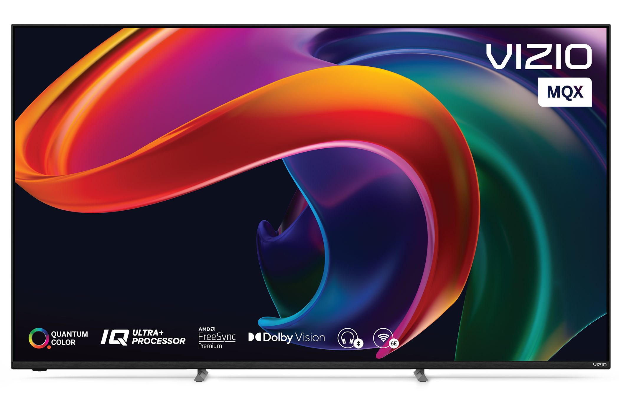 The Vizio MQX TV is sitting on a white background displaying a marketing screen.