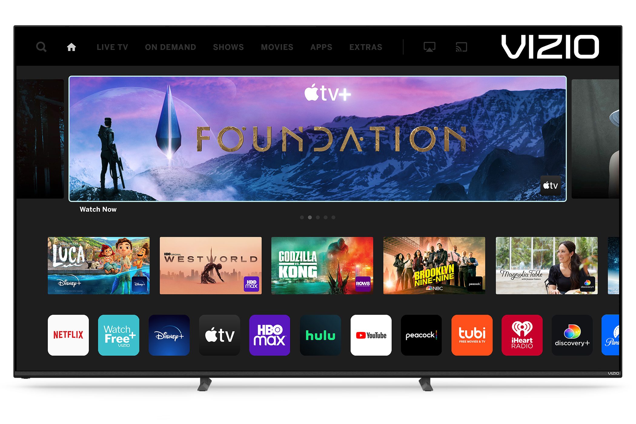 The Vizio MQX TV is sitting on a white background displaying the SmartCast screen.