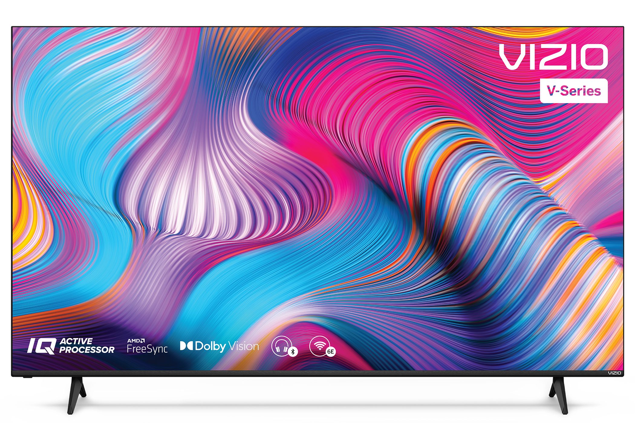 The Vizio V-Series TV is sitting on a white background displaying a marketing screen.