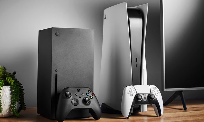 Living room with Microsoft Xbox Series X (L) and Sony PlayStation 5 home video game consoles alongside a television and soundbar.