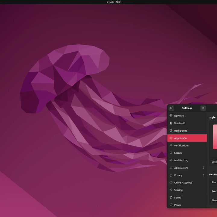 Screenshot of Ubuntu 22.04 Jammy Jellysfish with a dark menu upon on lower left corner