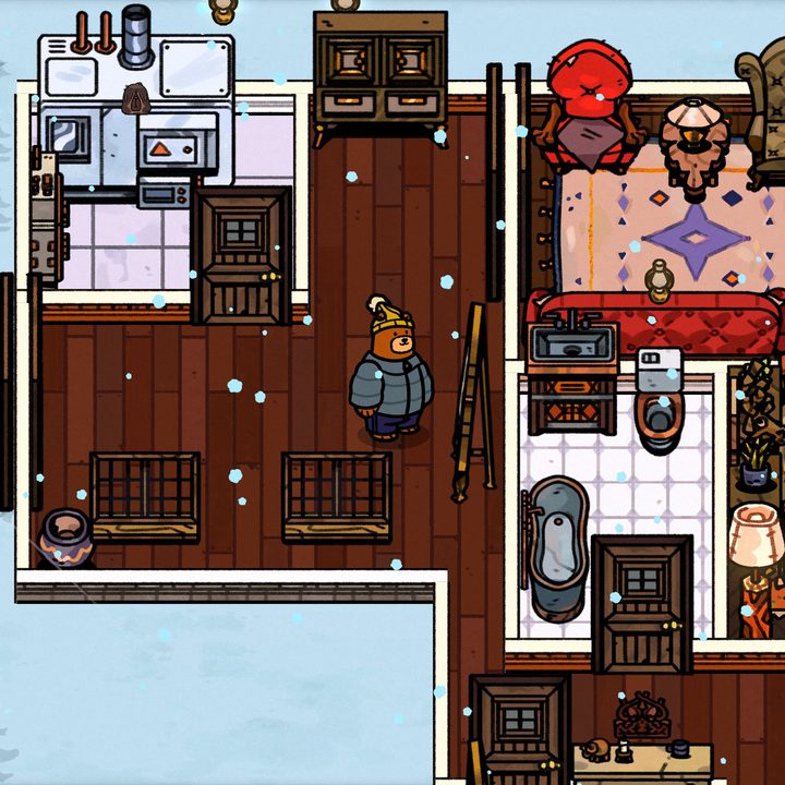 A bear stands in a hotel lobbey in Bear and Breakfast.