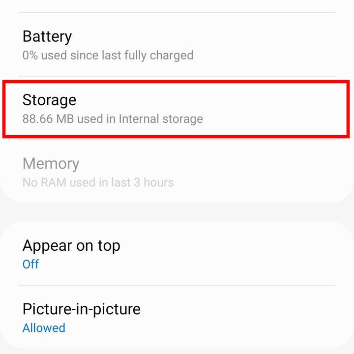 Finding Storage options in app options.