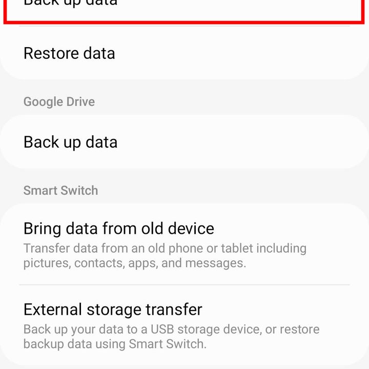 The Samsung Cloud backup button in a Samsung phone.