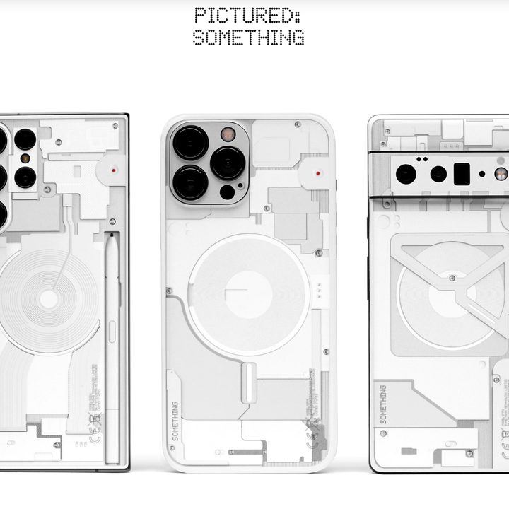 Dbrand's transparent phone skins on the iPhone 13 Pro Max, the Pixel 6 Pro, and the Samsung S22 Ultra.
