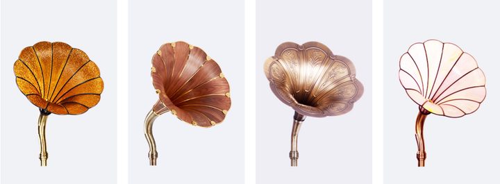 Fennessy gramophone horns in four styles.
