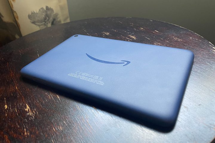 2022 Amazon Fire 7 showcasing its back with the Amazon arrow logo.