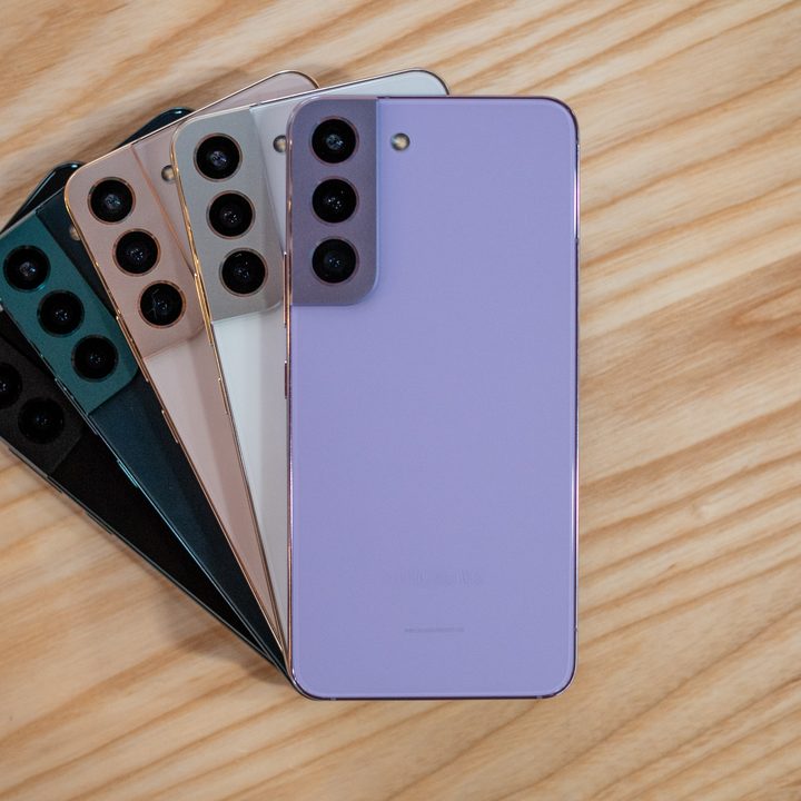 Stack of Samsung Galaxy S22 phones.