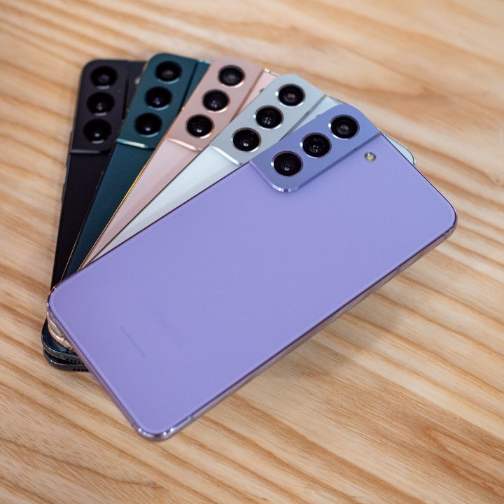 Stack of Samsung Galaxy S22 phones.