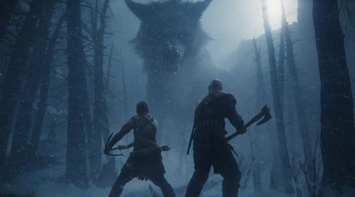 Kratos and his son stare down a wolf in God of War Ragnarok.