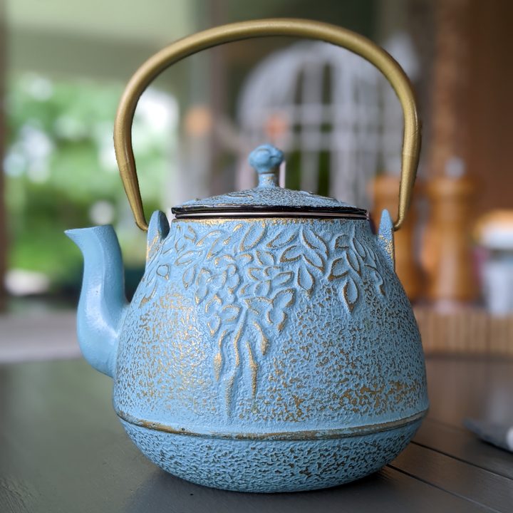 A close-up portrait photo of a light blue teapot.