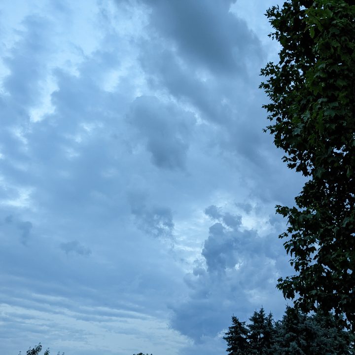 A stormy sky with detailed clouds. Part of a tree is seen in the right corner.