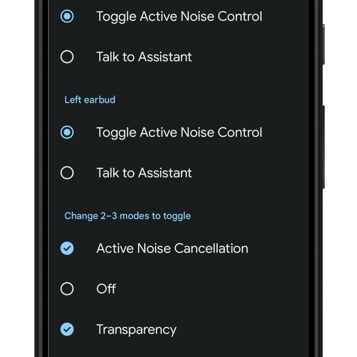 Pixel Buds app for Android: touch controls.